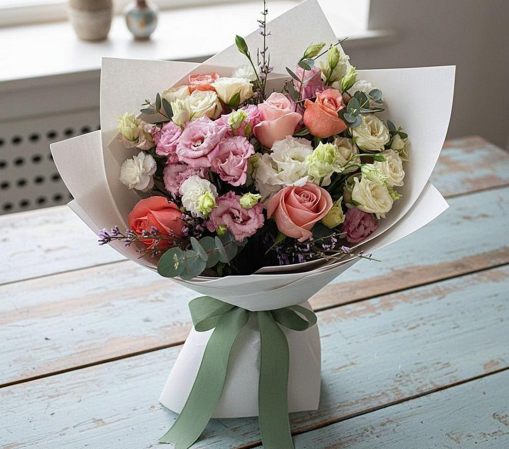 Букет цветов из: Розы, Лизиантусы и Гвоздики в Кукуштан