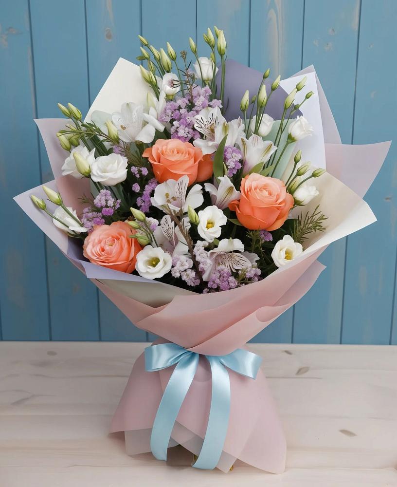 Букет цветов из: Лизиантусы, Розы, Альстромерии и Гипсофила в Кукуштан