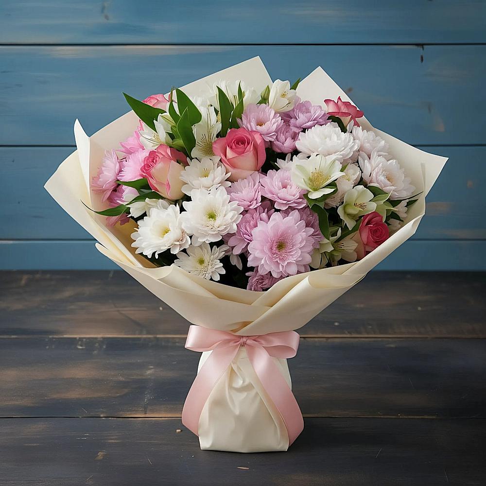 Букет цветов из: Хризантемы, Альстромерии и Розы в Кукуштан